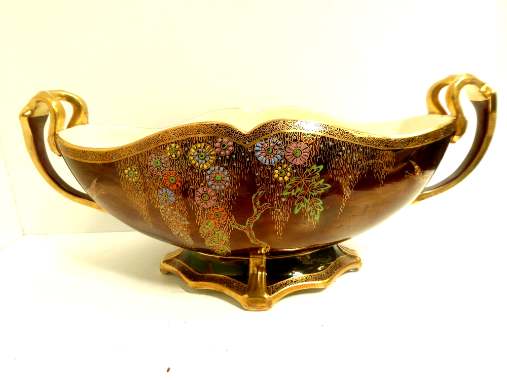 CROWN DEVON ROUGE ROYALE GILT PAINTED FLOWERS TREE BUTTERFIES 2 HANDLE BOWL VASE