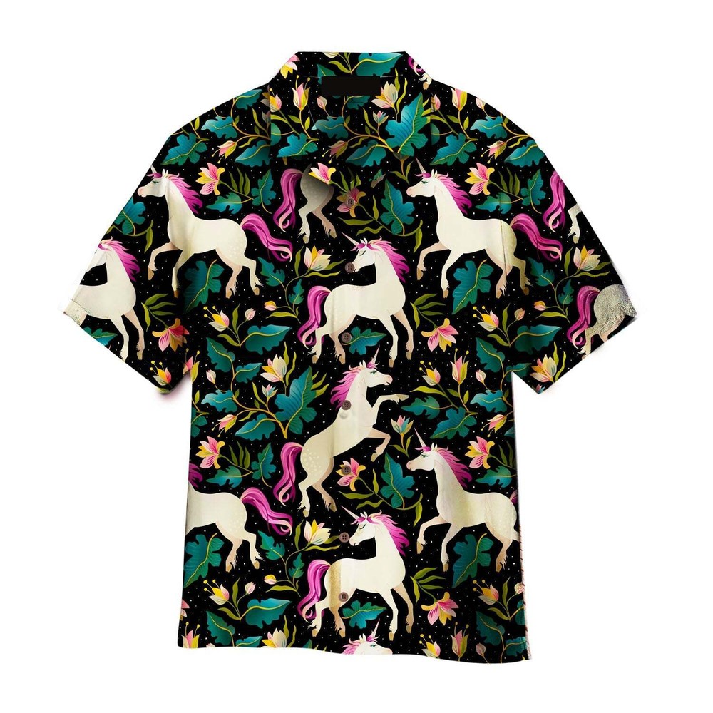 Pink Unicorn Floral Tropical Black Aloha Hawaiian Shirts For Men Women