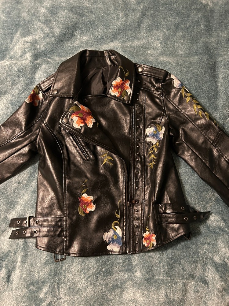 Black Faux Leather Jacket with Silver Studs Embroidered Flower Zipper Detail Womens Size S