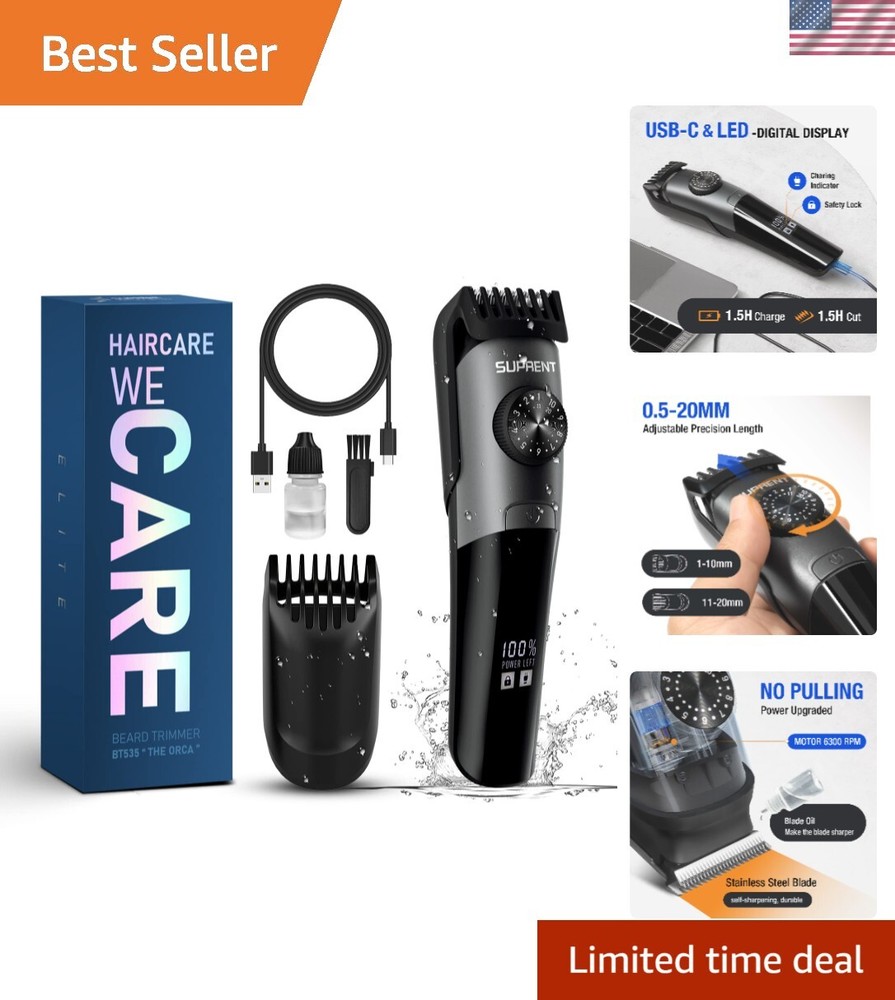 Waterproof Cordless Beard Trimmer for Men with Adjustable Lengths Mustache Groomer