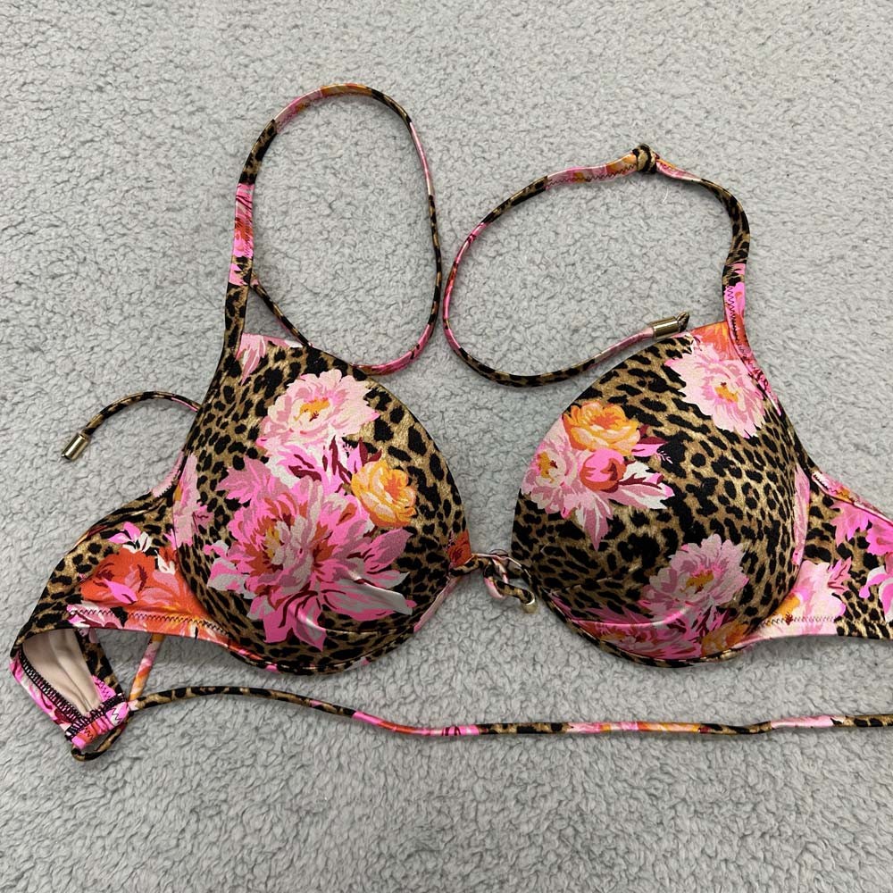 Victoria Secret Swim Bikini Top Womens Size 34DD Leopard Foral Swimwear