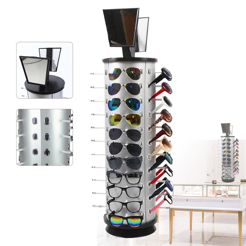 44 Pair Sunglasses Display 360° Rotating Rack Glasses Holder Stand  w/ Mirror US