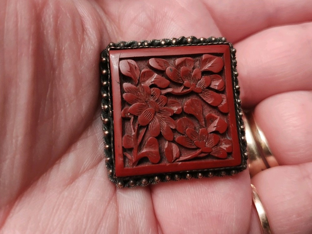 Chinese Vintage Carved Floral Cinnabar Brooch  1.25