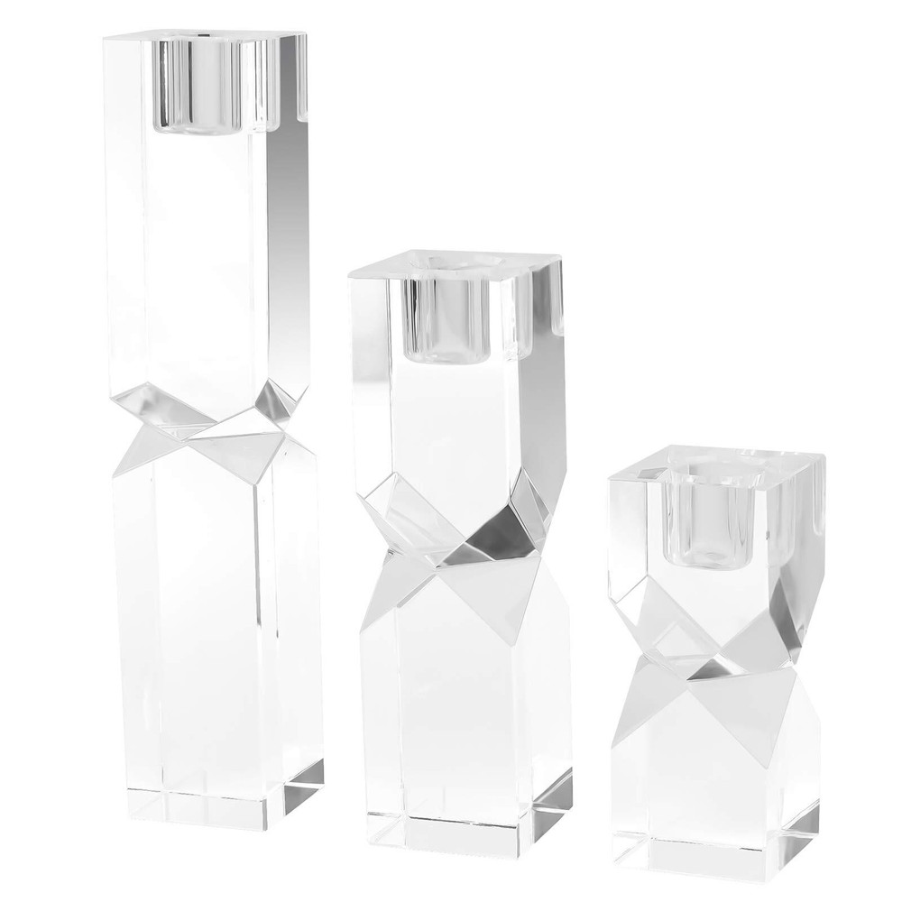 Crystal Candle Holders Set of 3, Clear Taper Candle Holder Decor, Table Cente...