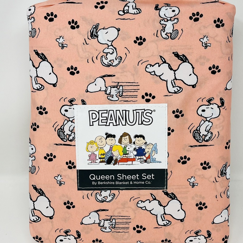 PEANUTS Snoopy QUEEN SHEETS SET Woodstock Day In The Life Peach Pink / Orange