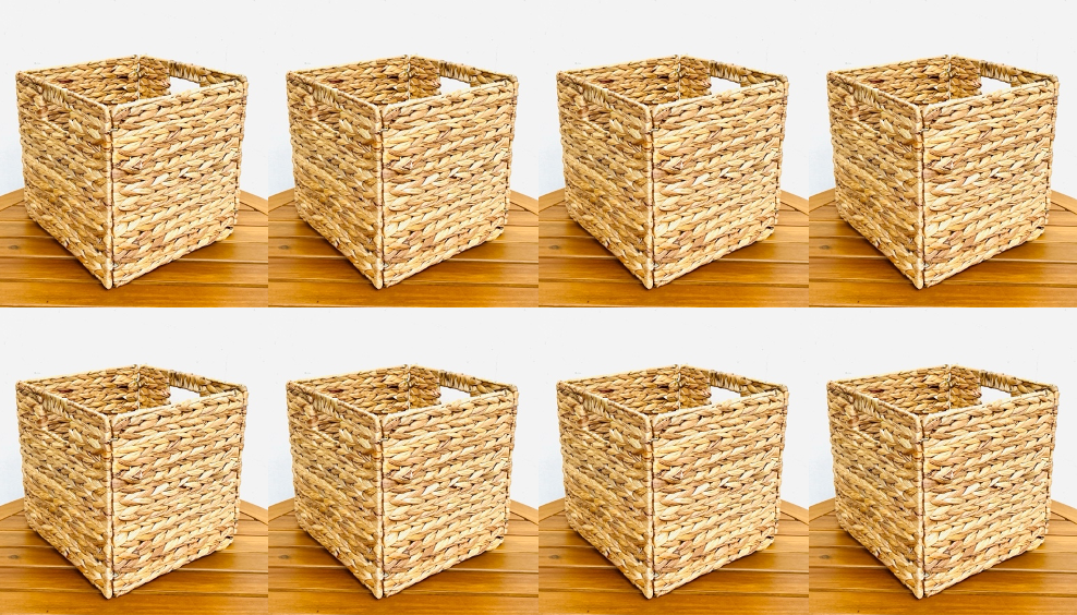 8-Pack Tan Woven Hyacinth Cube Storage Bins with Handles