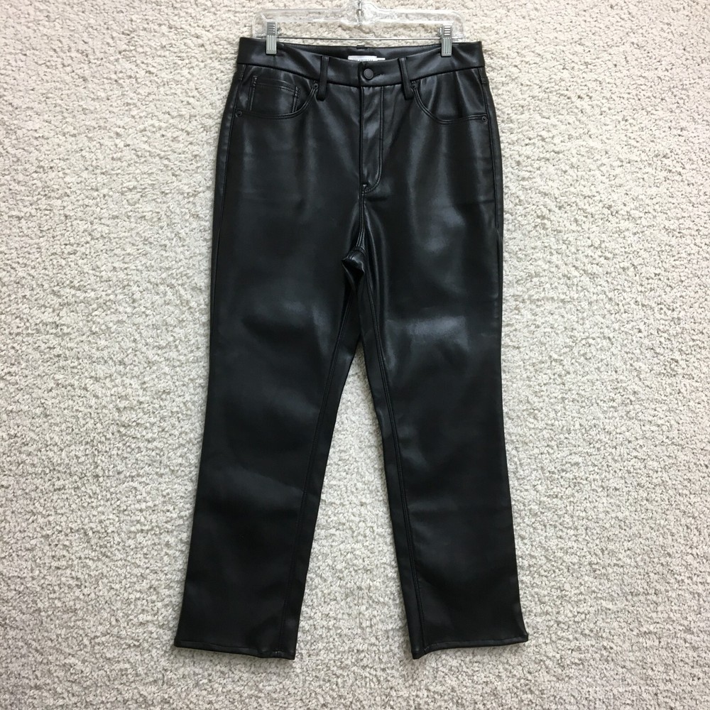 Good American Womens Black Faux Leather High Rise Straight Leg Pants with Zip Fly