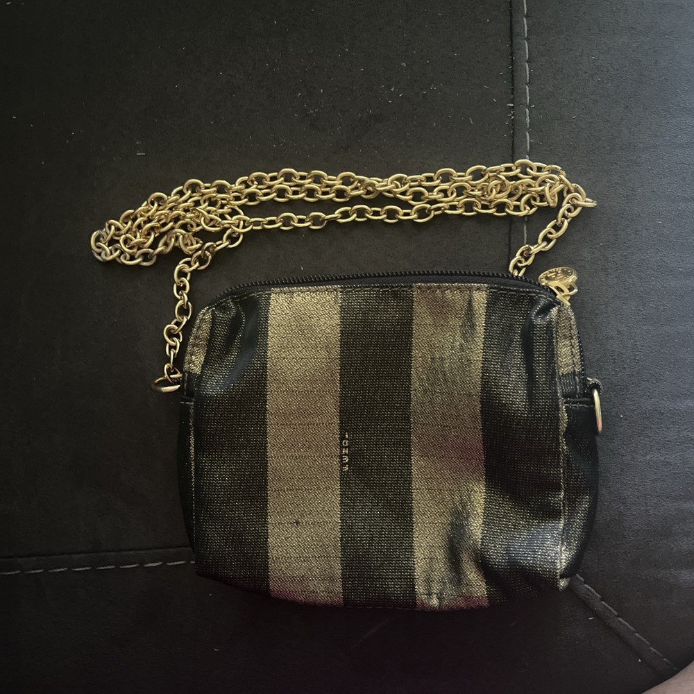 Fendi Black Gold Leather Shoulder Bag with Logo Hardware