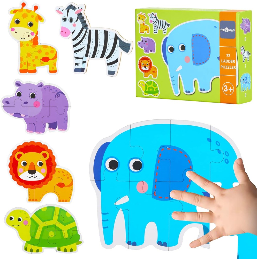 FLYINGSEEDS 6 Packs Safari Animals Shaped Wooden Jigsaw