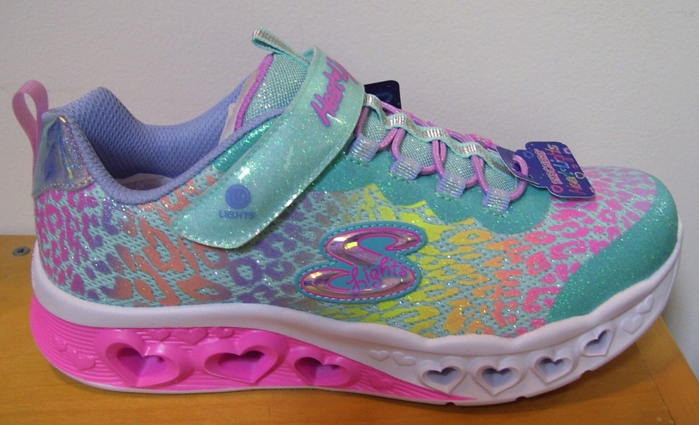 Girls Skechers Flutter Heart On/Off Lights LOVES WILD Turquoise Multi Sneakers 4