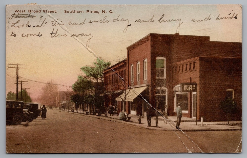 West Broad Street Southern Pines NC Hand Colored postcard Jefferson Inn