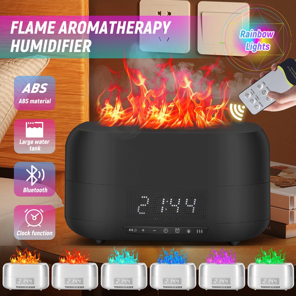 400ml Aroma Diffuser Humidifier Bluetooth Speaker Clock Alarm 7Color Light Flame