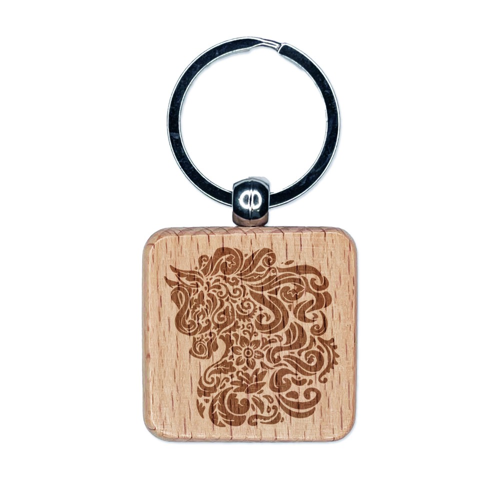 Floral Horse Engraved Wood Keychain with Swirling Mane Charm  