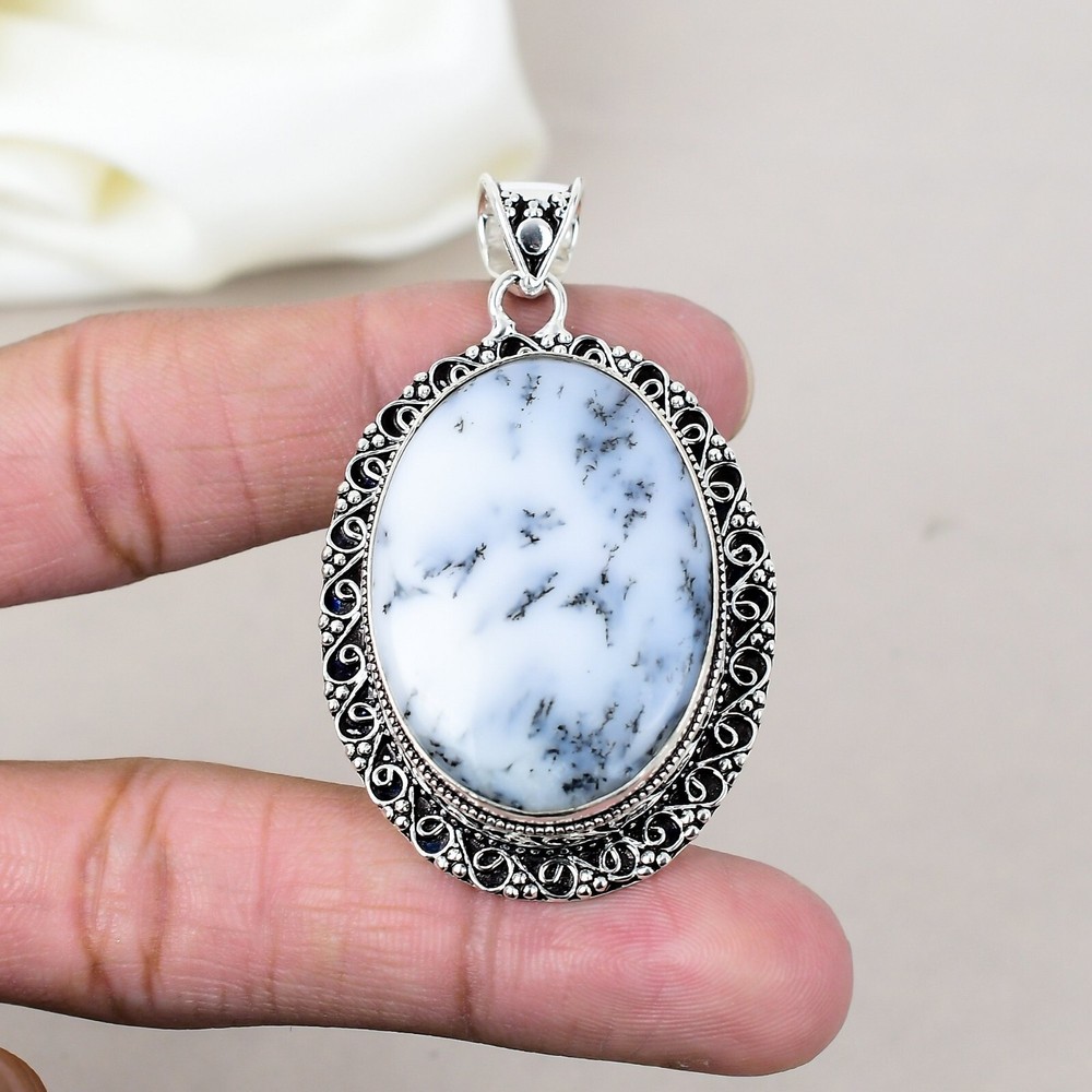 Natural Dendrite Opal Gemstone 925 Sterling Silver Statement Pendant JewelryGift