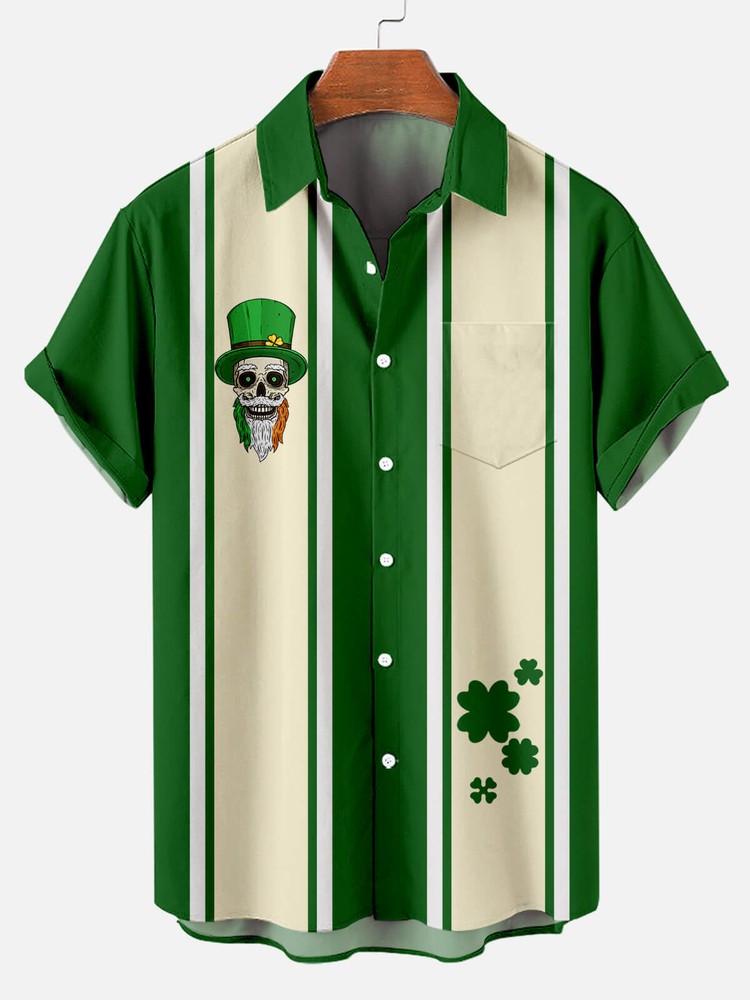 St Patrick Skull Men’s Hawaiian Short Sleeve Shirt US Size Summer Style