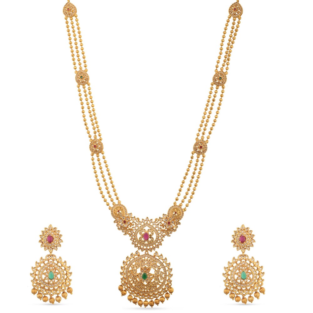 TARINIKA Antique Gold Plated Binal Long Necklace with Floral Design Set - Indian