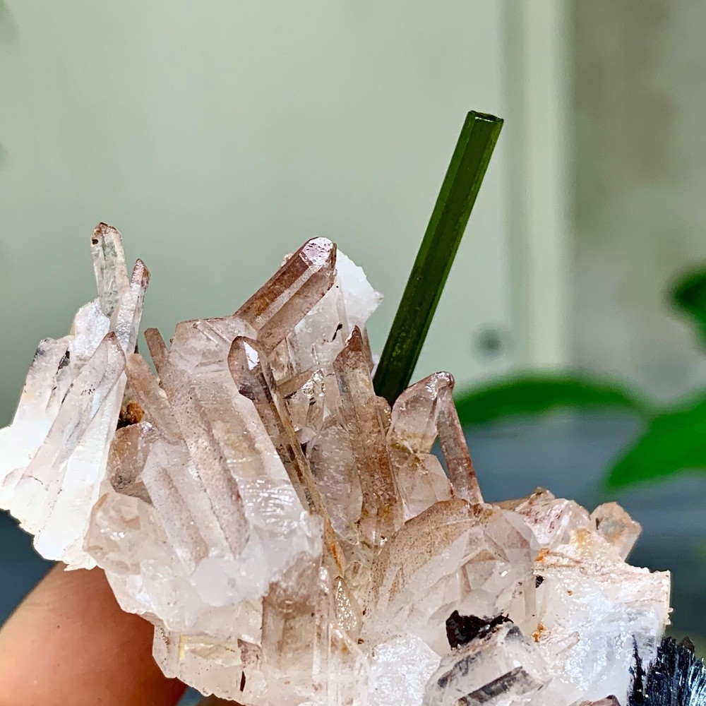 49G Natural Green tourmaline with quartz crystal cluster mineral specimen