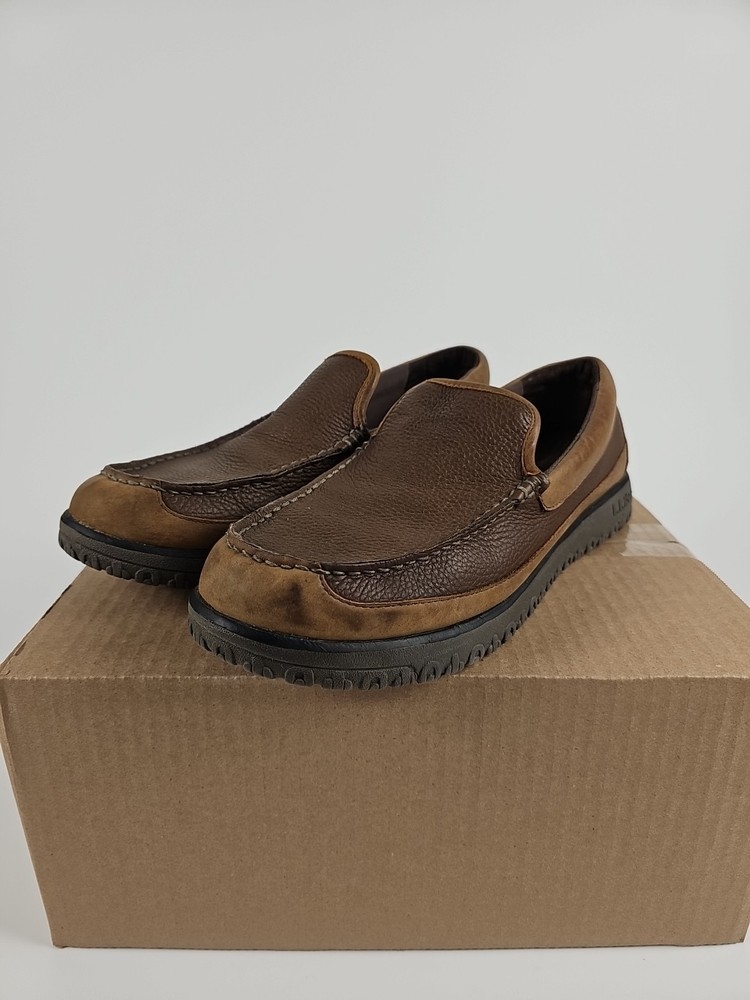 LL Bean Mens All Week Slipper Mocs Brown Leather Shearling Lined Size L or 11