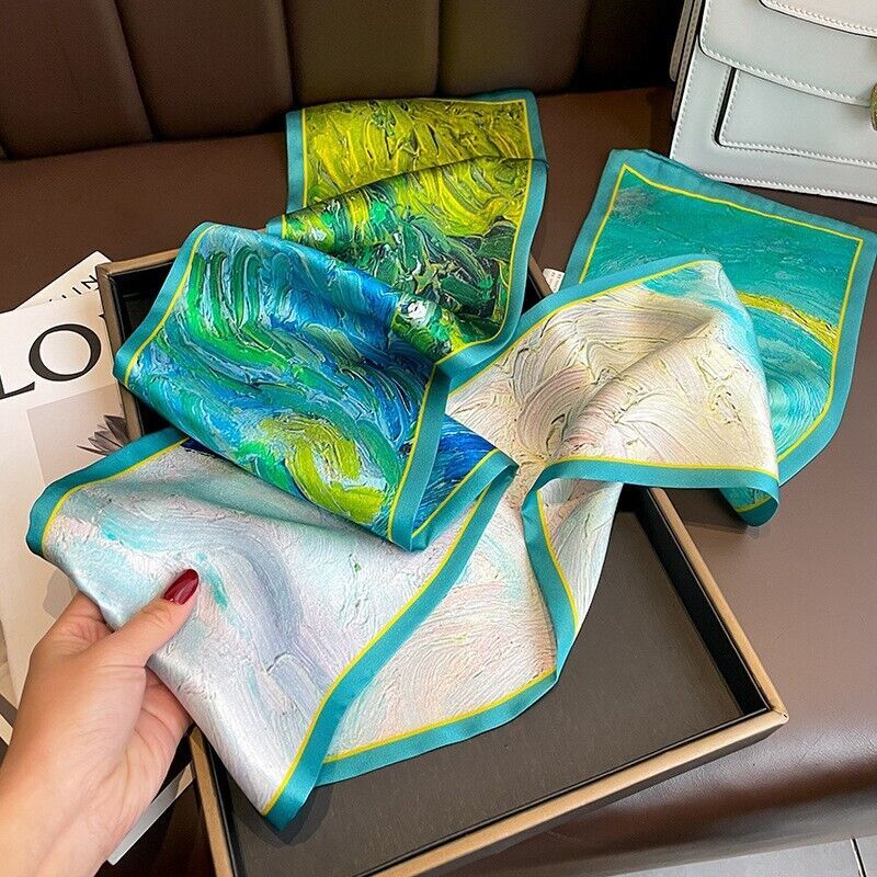 100% Mulberry Silk Scarf for Women Green Oil Painting Design 150x15cm Wrap