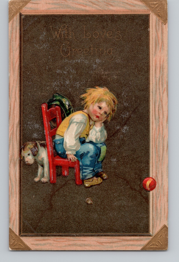 Little Boy Pouting in Red Chair with Dog and Ball Embossed Postcard