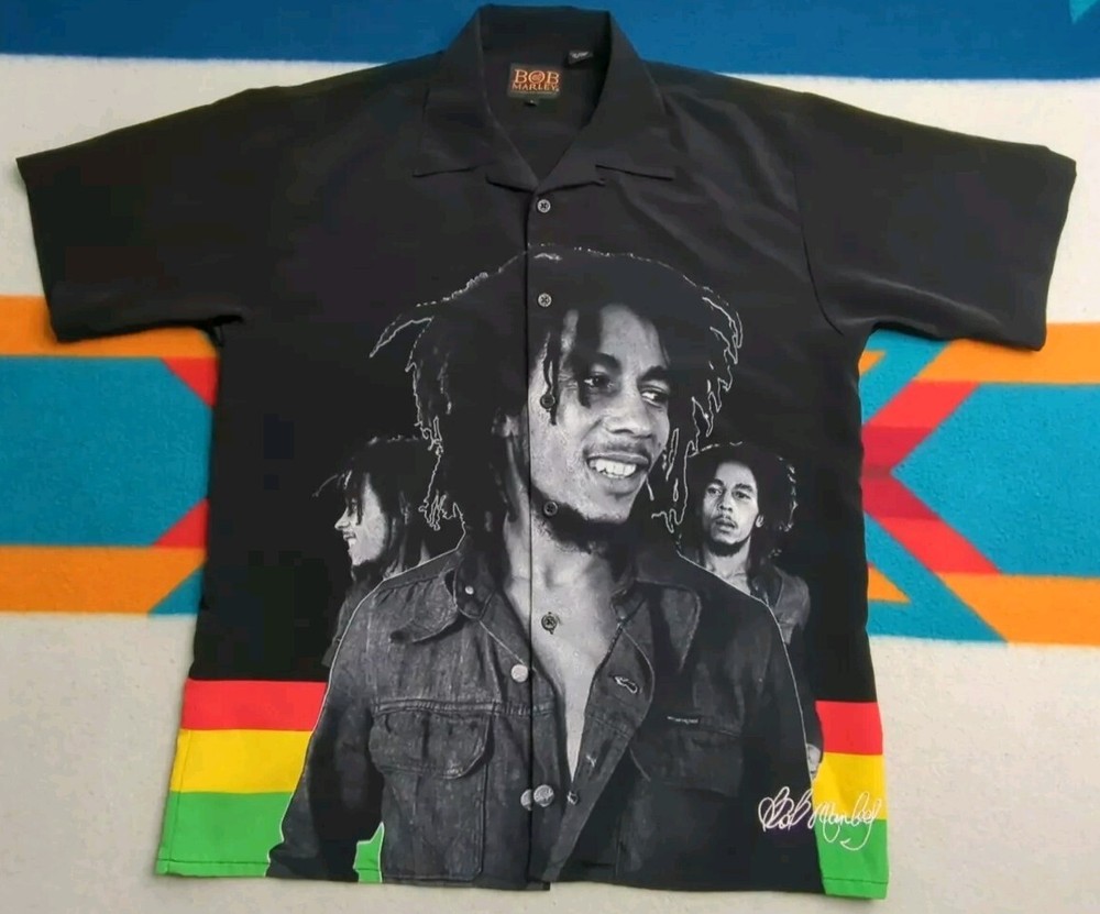 Vintage Bob Marley Dragonfly Embroidered Button-Up Shirt Large