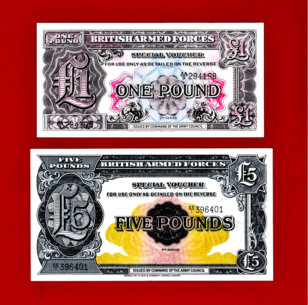 SET of TWO (2) UNC BAF VOUCHERS - 1 POUND 1948 (P-M22a) & 5 POUNDS 1958 (P-M23)-image
