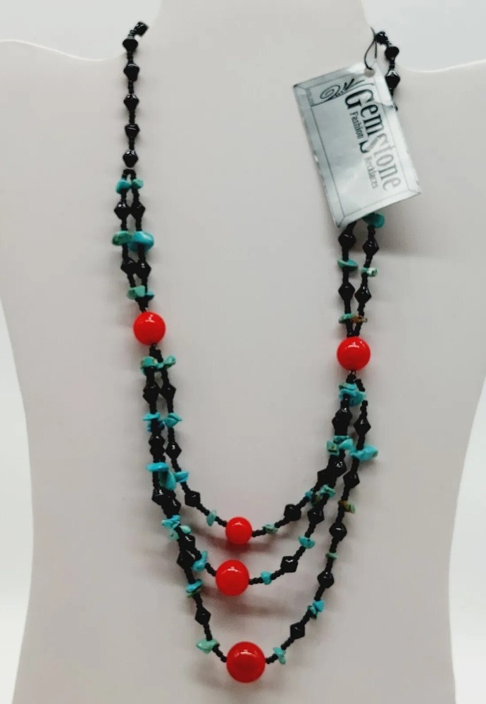 Turquoise Chips & Black Red Plastic Beads Necklace Gemstone Brand 18
