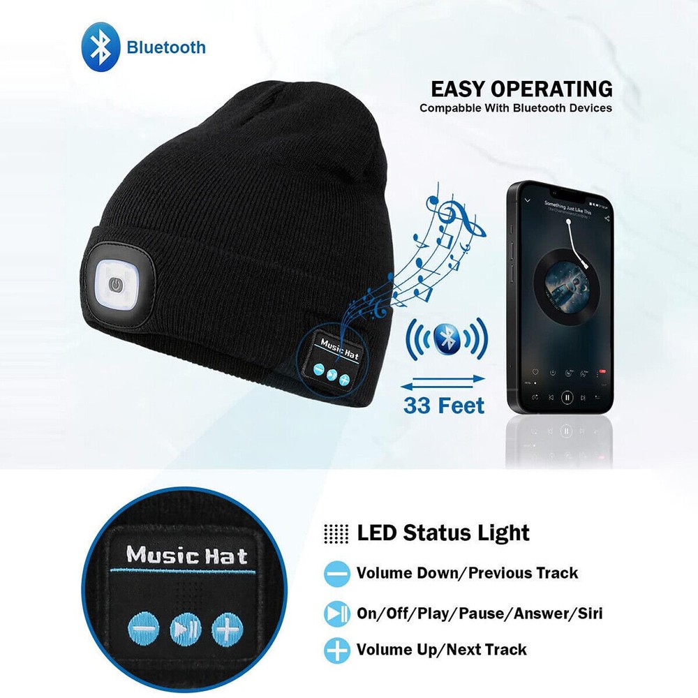 Bluetooth LED Beanie Hat with Music Speakers Mic Rechargeable Cap Head Lamp 2024