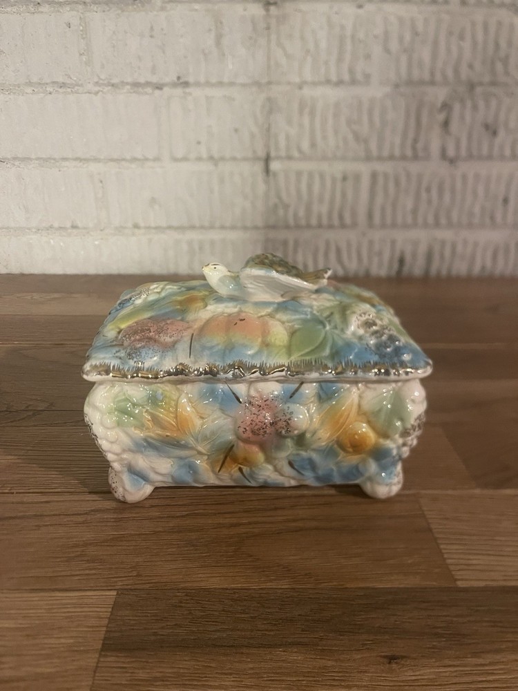 Vintage Betson Ceramic Trinket Box with Colorful Bird Fruit Design and Gold Accents