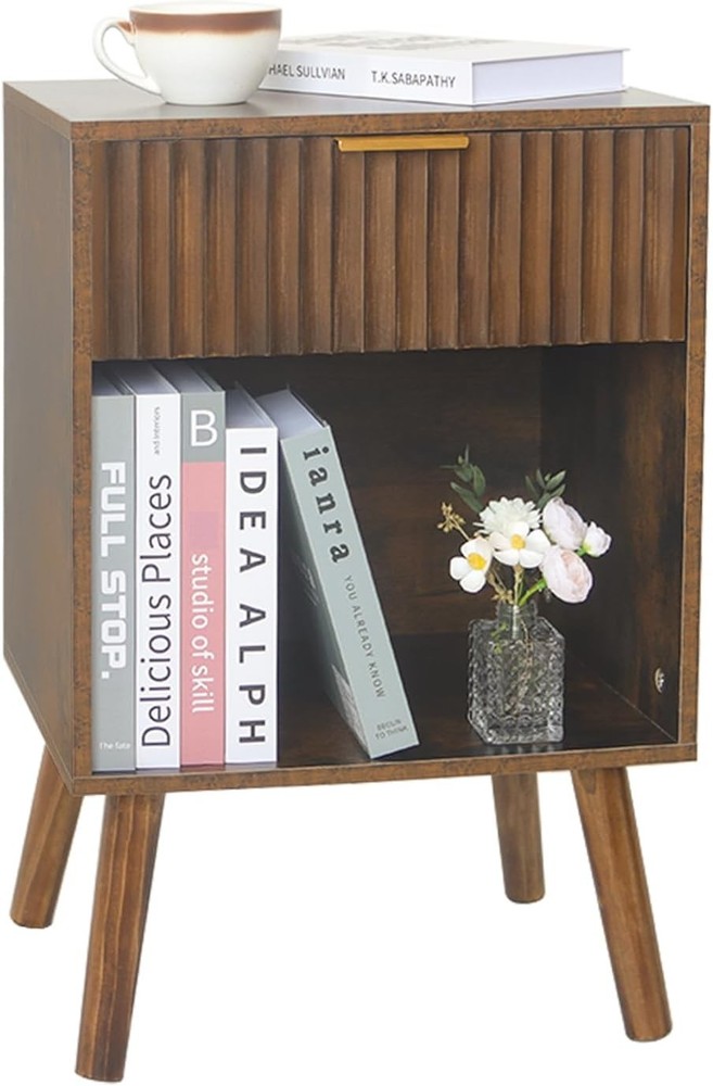 Mid century modern wood nightstand with drawer in rustic brown finish