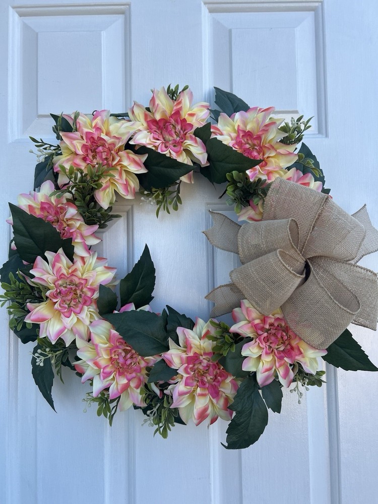 Pink Dahlia Wreath w/Burlap Bow