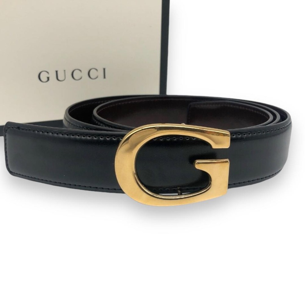 Gucci G-Buckle Black Gold Leather Belt Mens Preowned Luxury Accessory  