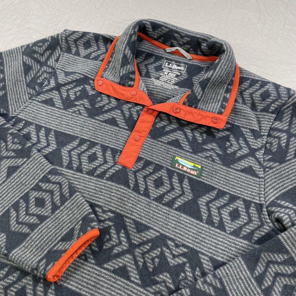 L.L.Bean Pullover Mens Medium Gray Fleece Snap Front Aztec Geometric Pattern