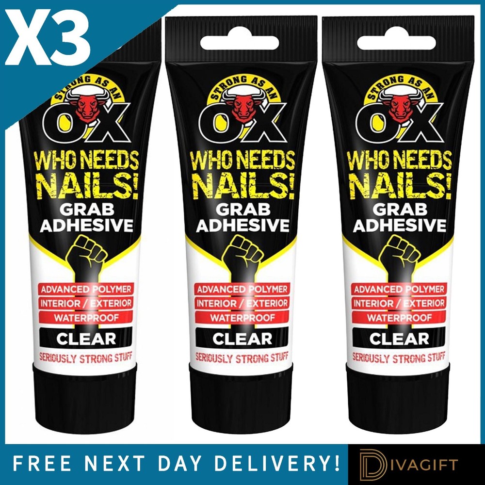 3 x HARD AS NAILS EXTERIOR INTERIOR NO MORE NAILS WATERPROOF GRAB ADHESIVE CLEAR