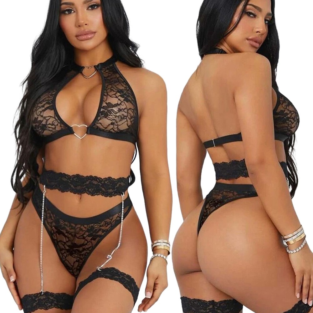 Sexy Halter Keyhole Lace Bra Thong Lingerie Set with Garter Belts Underwear Gift