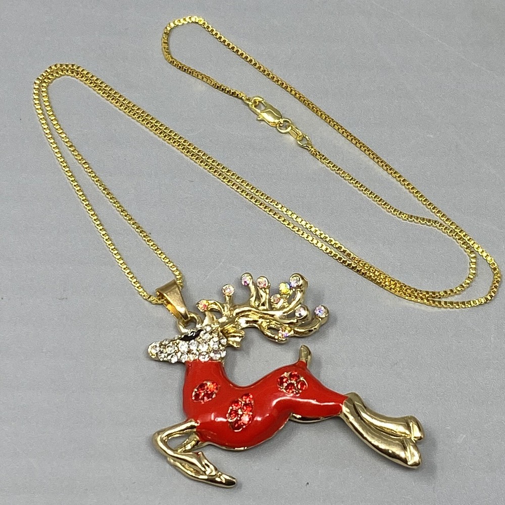 Flying Reindeer Christmas Necklace with Red Enamel and Rhinestones 24