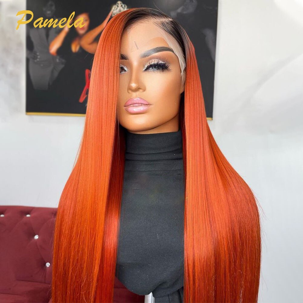Ombre Ginger Orange Straight Brazilian Lace Front Human Hair Wig for Women