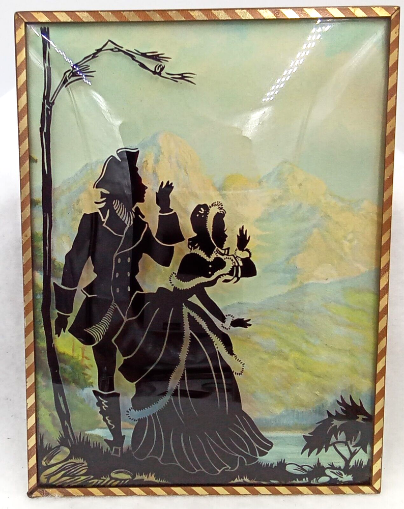 Vintage mountain silhouette framed artwork with convex bubble glass
