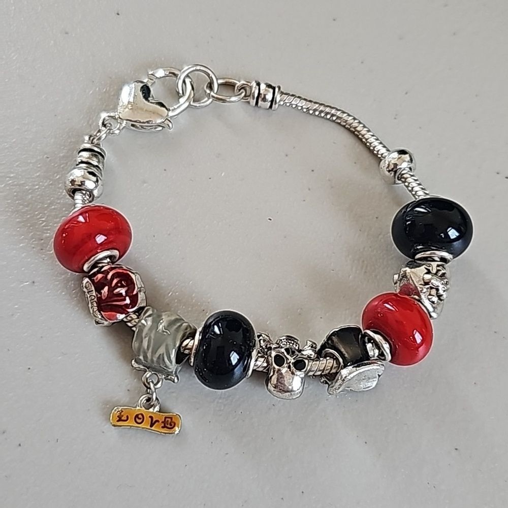 Glory Love Charm Bracelet with Red Rose Black Hat Bald Eagle Skull Design