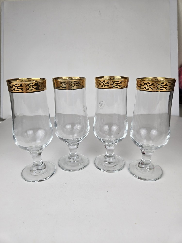 Set Of 4 Crystal Footed Ice Tea Glasses Textured Band Gold Rims Circleware H7.5
