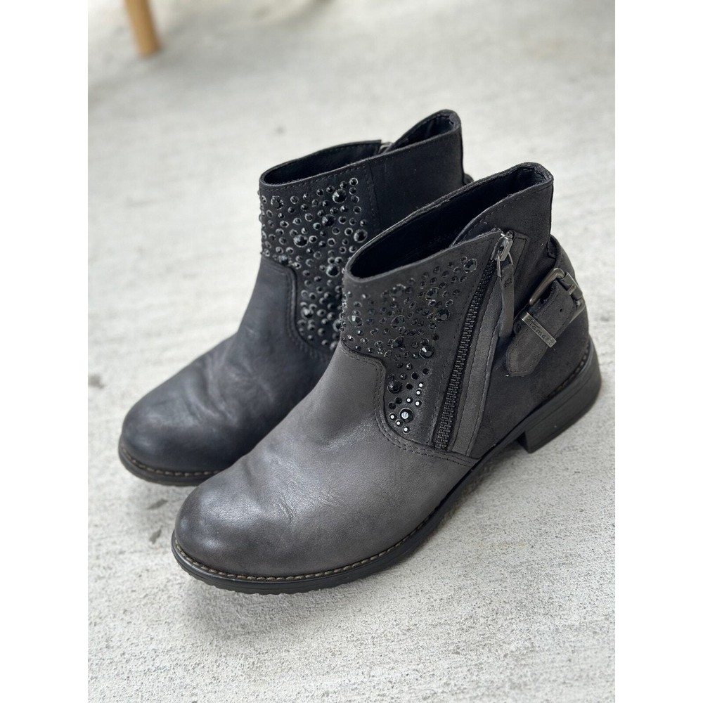 Tamaris Anthracite Distressed Gray Leather Ankle Boot with Studs Rhinestones EU 37
