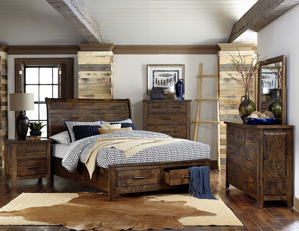 4 PC RUSTIC PLANK SOLID WOOD BURNISHED BROWN QUEEN BED STORAGE DRAWERS FURNITURE
