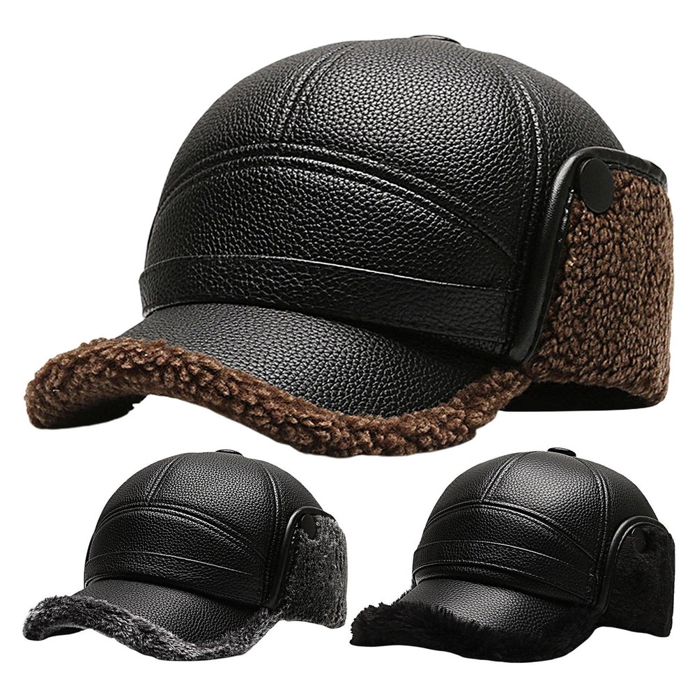 Men's Leather Baseball Caps Winter Hats With Ear Flaps Warm Cap Hat Gift