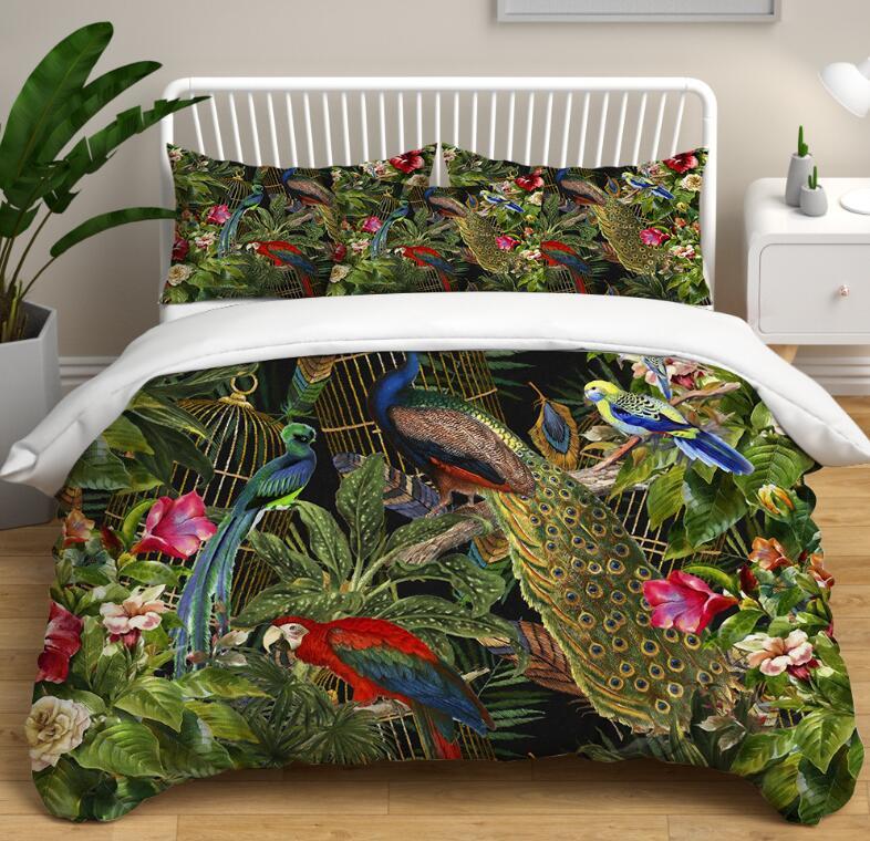 Peacock Sparrow Parrot Duvet Quilt Cover Twin Queen Bedding Set Comforter Cover