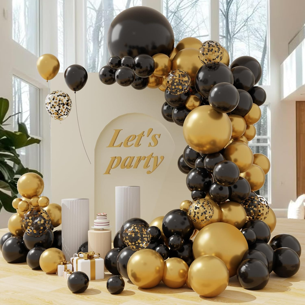 Black and Gold Balloon Arch Garland Kit, 102Pcs Gold and Black Confetti Balloons