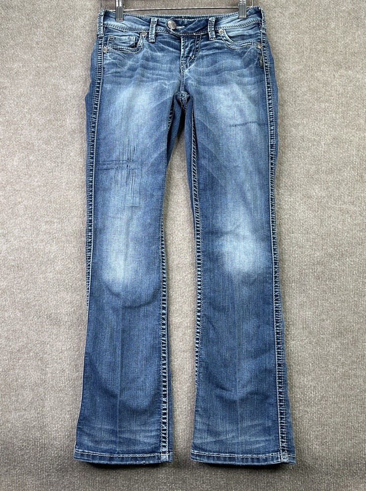 Silver Jeans Womens Dark Wash Low Bootcut Distressed Stretch 27x31