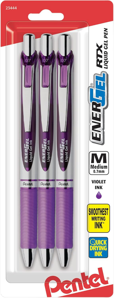 Pentel EnerGel Deluxe RTX Gel Pens, Violet Ink, 0.7 mm, Pack of 3