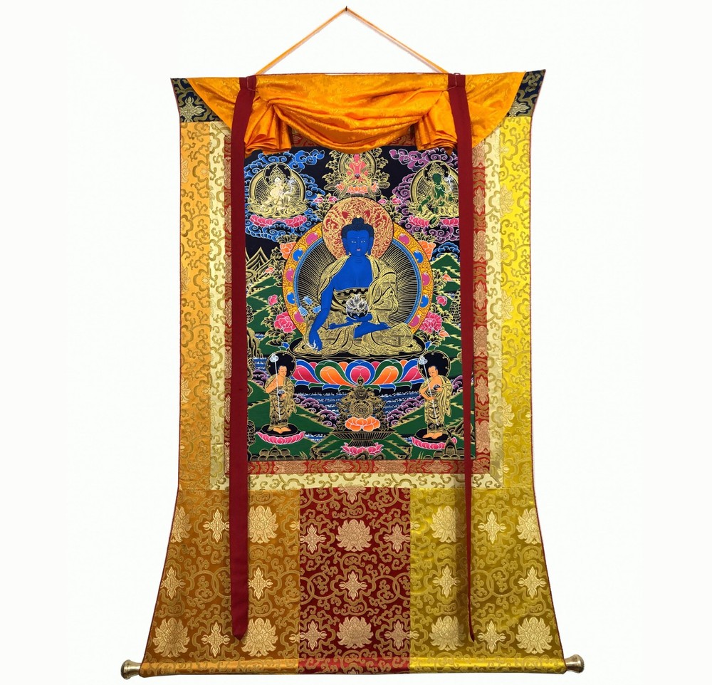 Medicine Buddha Thangka, Healing Buddha, Silk Brocade Mounted