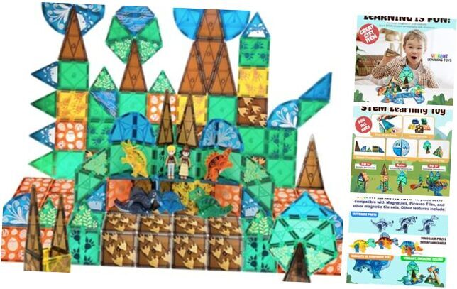 76-Piece Dinosaur Magnetic Tiles; Animal Magnet Tile Gift; Stem Building Set,