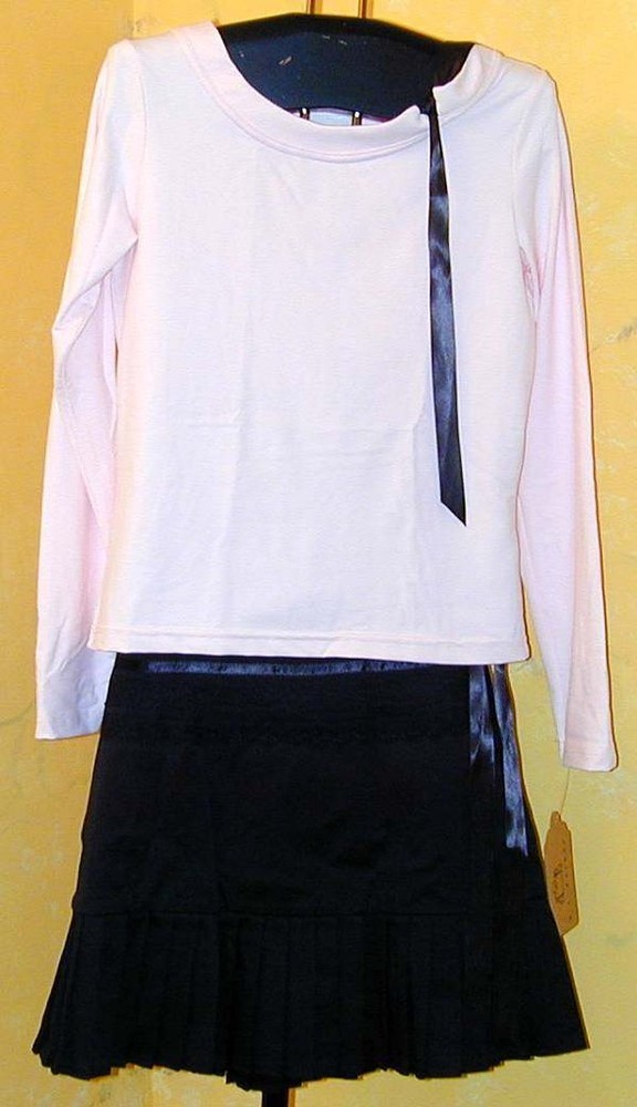 NWT KC PARKER Pink Stretch Bow Top Blouse Black Cotton Lace Ribbon Skirt 14